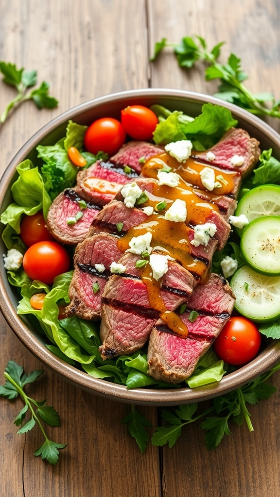 Grilled Steak Salad Recipe Grilled steak salad with sirloin, mixed greens, cherry tomatoes, cucumber, and blue cheese on a wooden table.